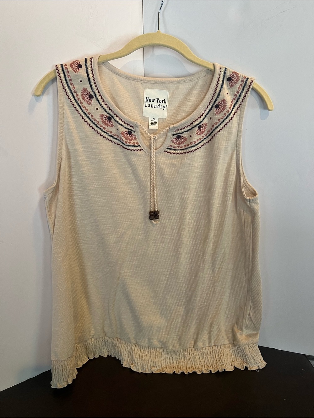 New York Laundry Cream Sleeveless Embroidered Tie-Neck Tank